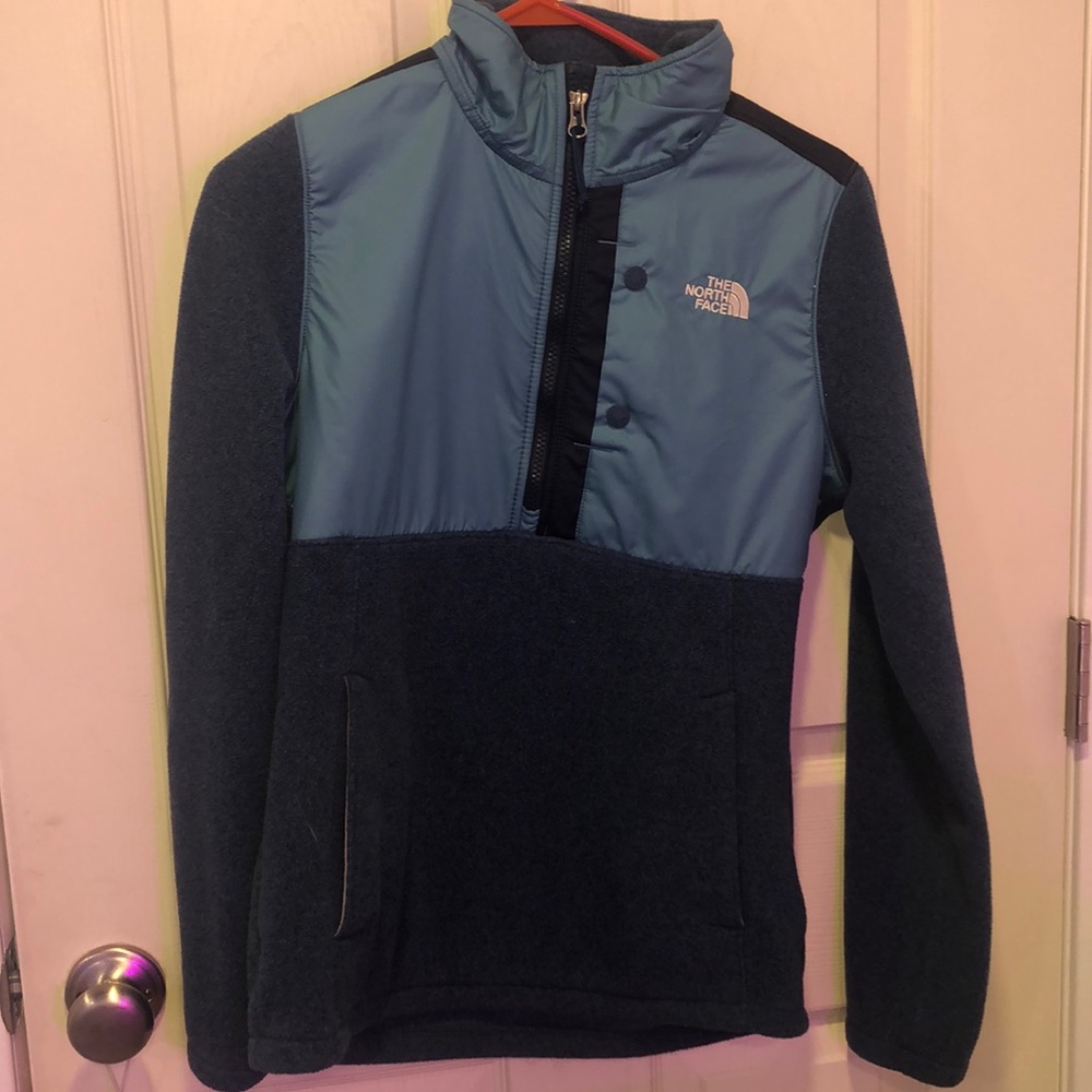 North face blue and teal fleece quarter zip